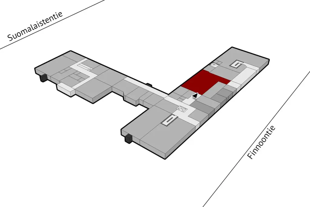 Espoon Suomalaistentie 7, pohjakerroksen 144 m2 toimitilan sijaintikuva.