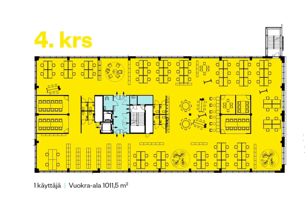 PRESSI Smart Premises B-talo neljännen kerroksen kalustettu pohjakuva. 1011,5 m2 tilassa on 84 työpistettä avotilassa, neuvotteluhuoneita ja oleskelualueita.