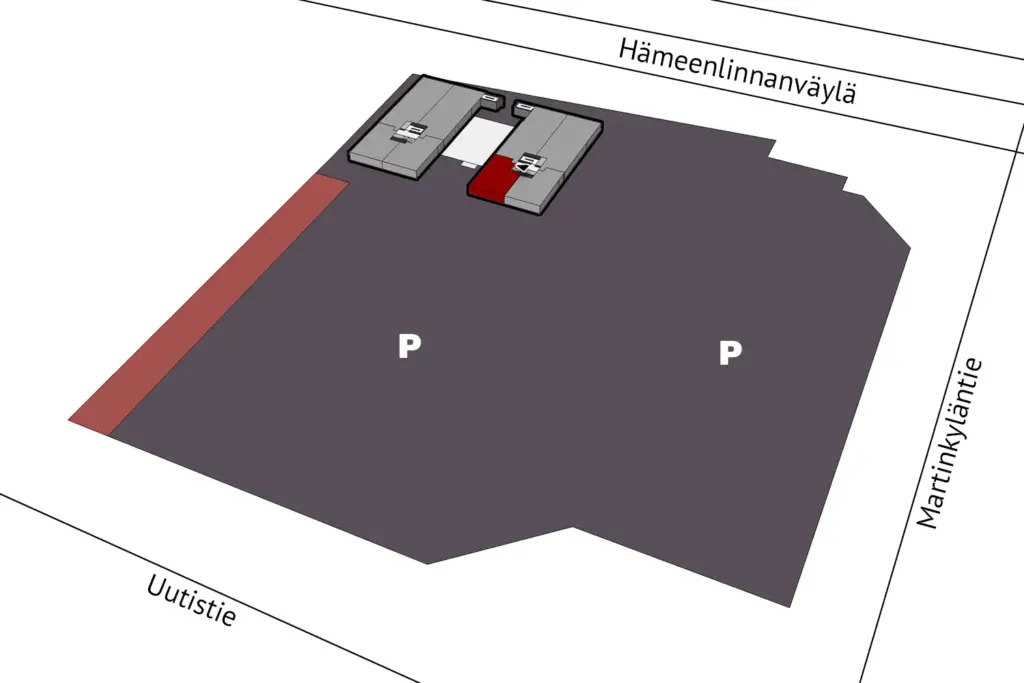 PRESSI Smart Premises B-talo 4. kerroksen 175 m2 toimistotilan sijaintikuva. Tila sijaitsee keskimmäisen talon pysäköintialueen puoleisessa kulmassa.