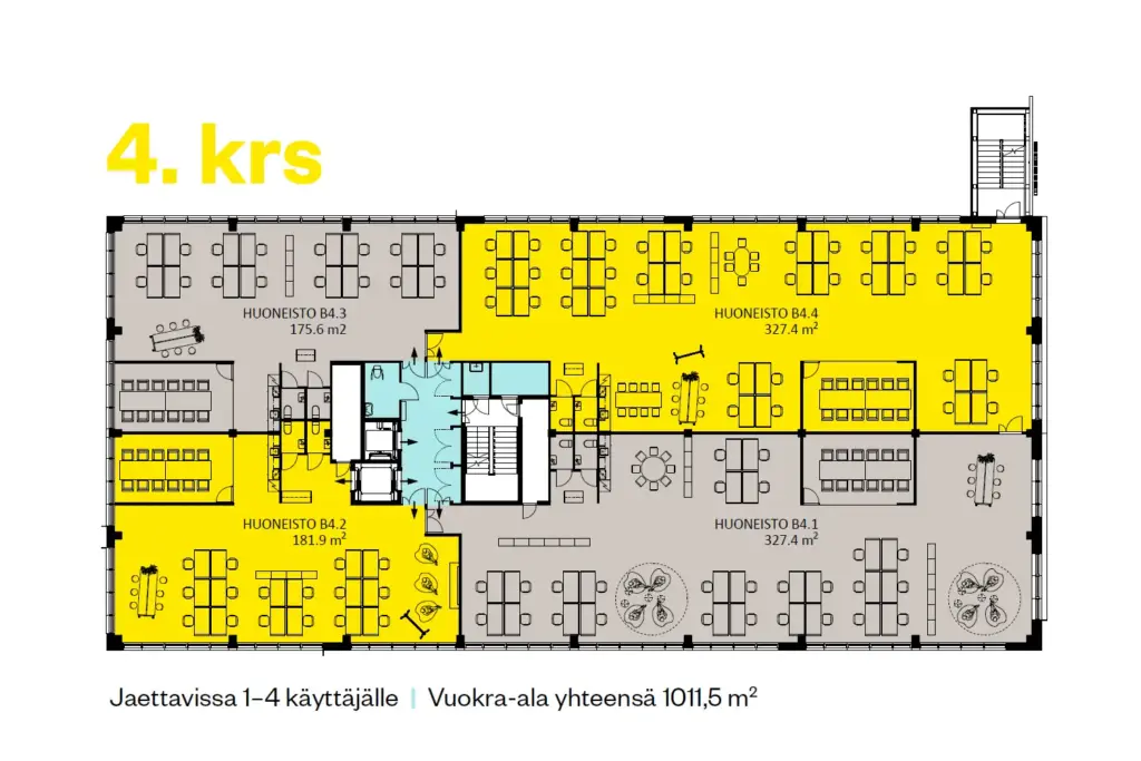 PRESSI Smart Premises B-talo 4. kerroksen kalustettu pohjakuva. 175,6 m2 tilassa on 16 työpistettä ja 12 hengen neuvotteluhuone.