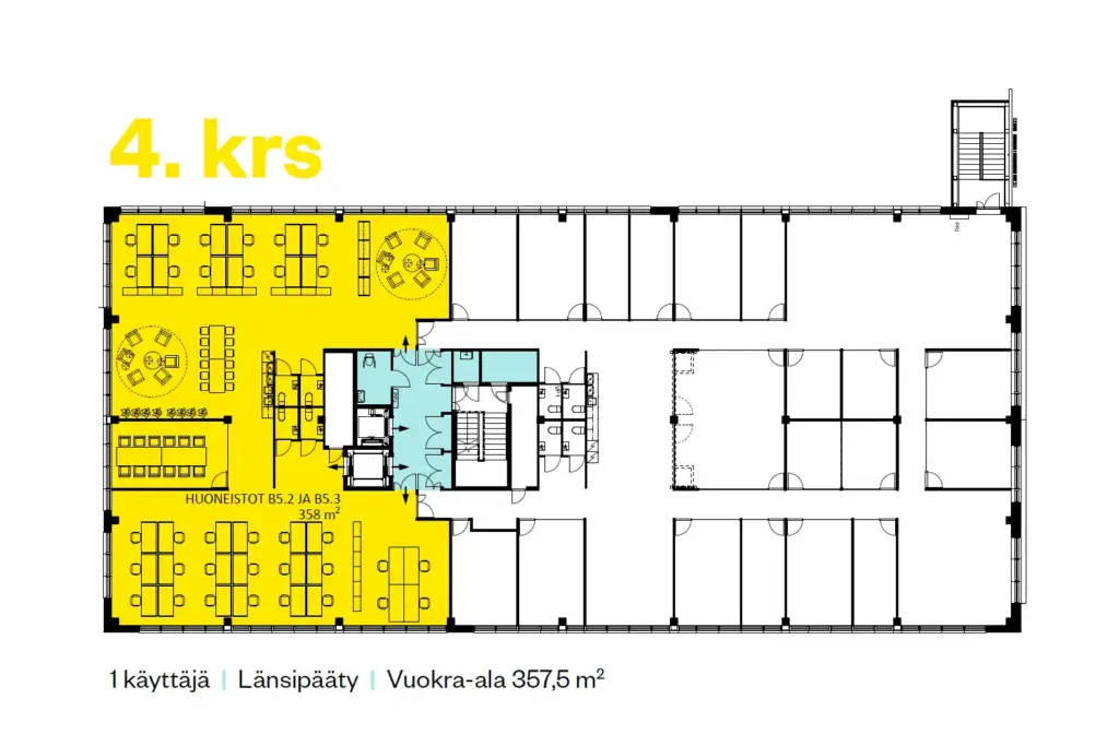 PRESSI Smart Premises B-talo 357,5 m2 toimitilan kalustettu pohjakuva. Avotilassa on noin 30 työpistettä, joiden lisäksi on 12 hengen neuvotteluhuone ja taukotilat.