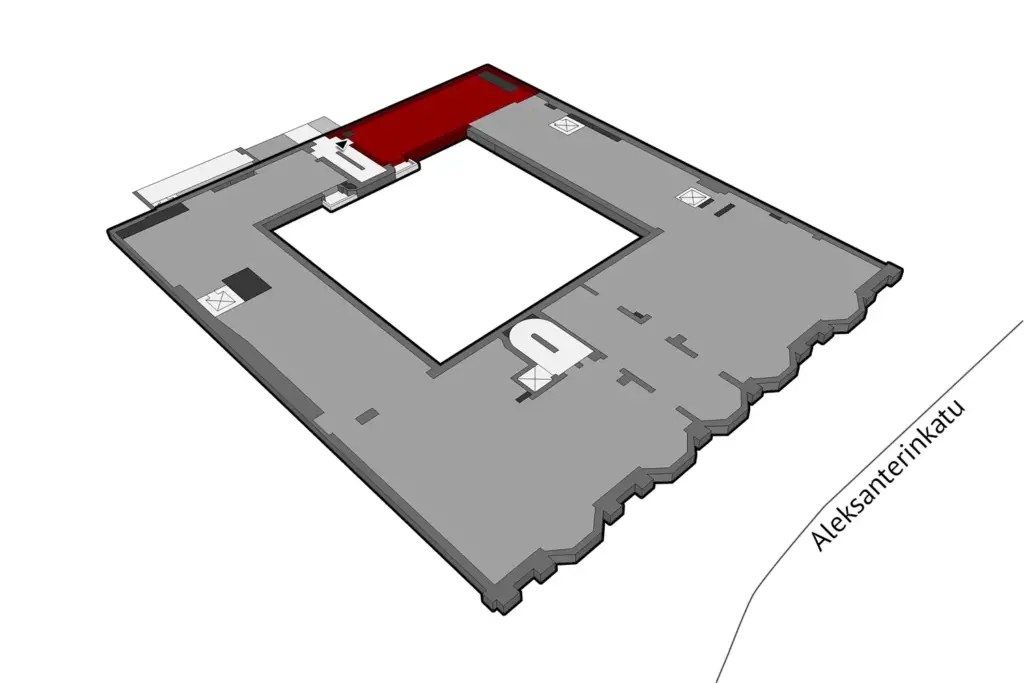Helsingin Aleksanterinkatu 21, 3. kerroksen 121 m2 toimitilan sijaintikuva.